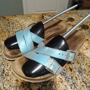 Birkenstock Yao Washed Metallic Aqua Blue Leather Sandals Women's Size 41 US 10
